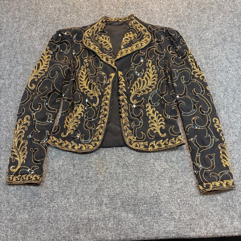 Vintage Black Gold Beaded Sequin Paisley Open Front Evening Jacket Medium M